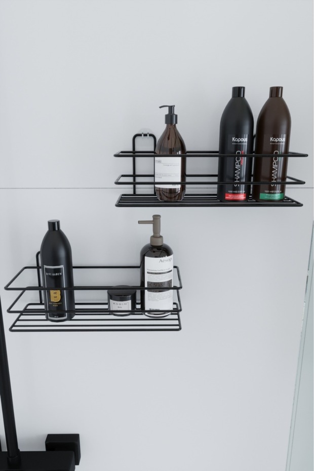 STAINLESS Adhesive 2-piece Set Bathroom Shelf Shower Shampoo Holder Wall Organizer Bathroom Set