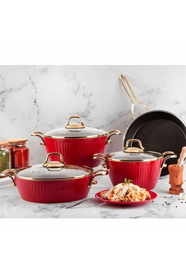 Lines 7 Piece Yeast Pot Set - Red/Gold Lines-152.2.02.069