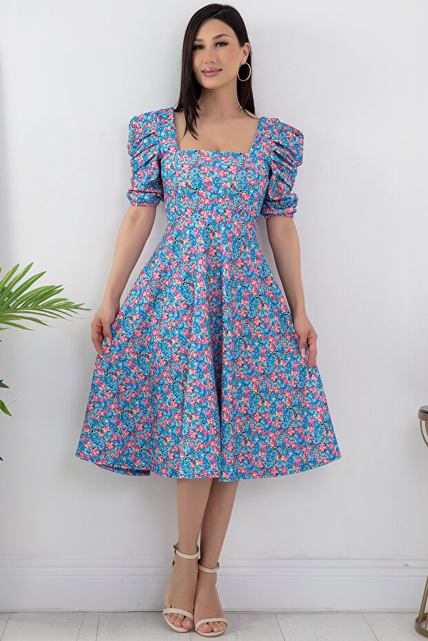 Çiçekli Kol Pileli Elbise 924-2965 - 5