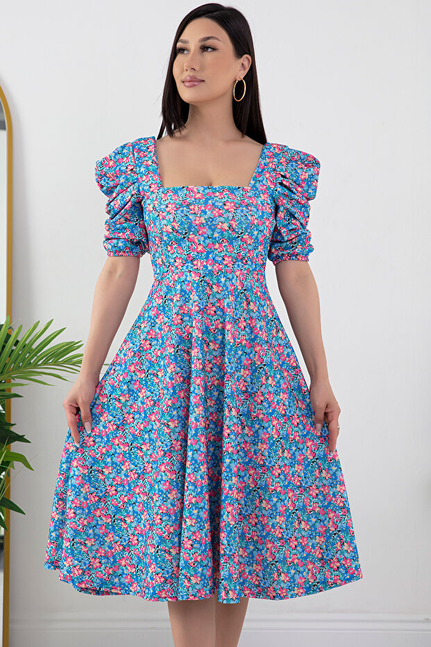 Çiçekli Kol Pileli Elbise 924-2965 - 2