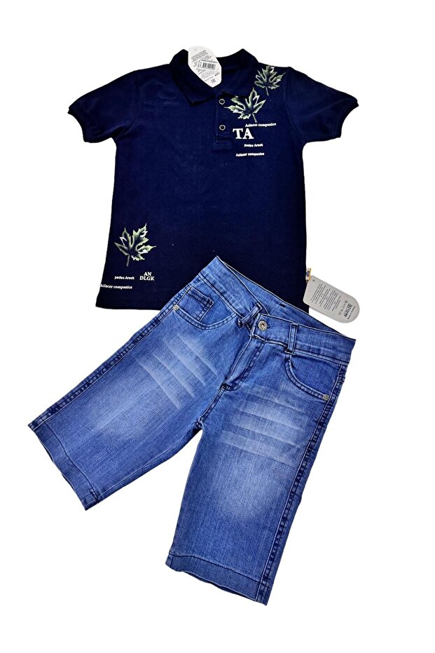 Boy/lacoste Fabric/polo Collar T-shirt/bermuda Regular Slim Suit with Denim Shorts