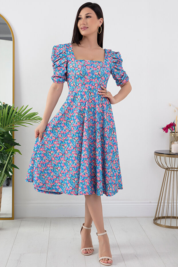 Çiçekli Kol Pileli Elbise 924-2965 - 4