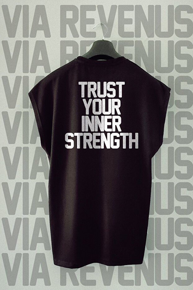Trust in Your Inner Strength - Printed Oversized Loose Fit Sleeveless Black T-Shirt