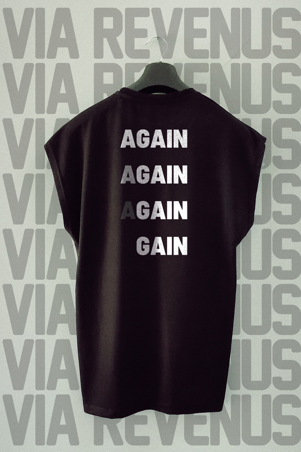 Again Back Printed Oversized Wide Fit Sleeveless Black T-Shirt