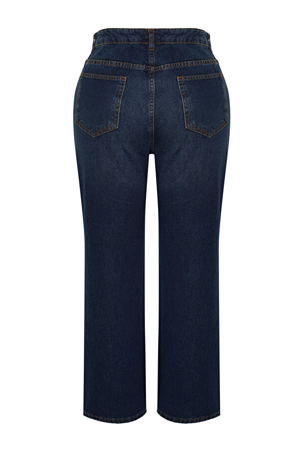 Koyu Mavi Yüksek Bel Comfort/Orta Esnek Straight Fit Denim Büyük Beden Jeans TBBSS24CJ00051 - 8