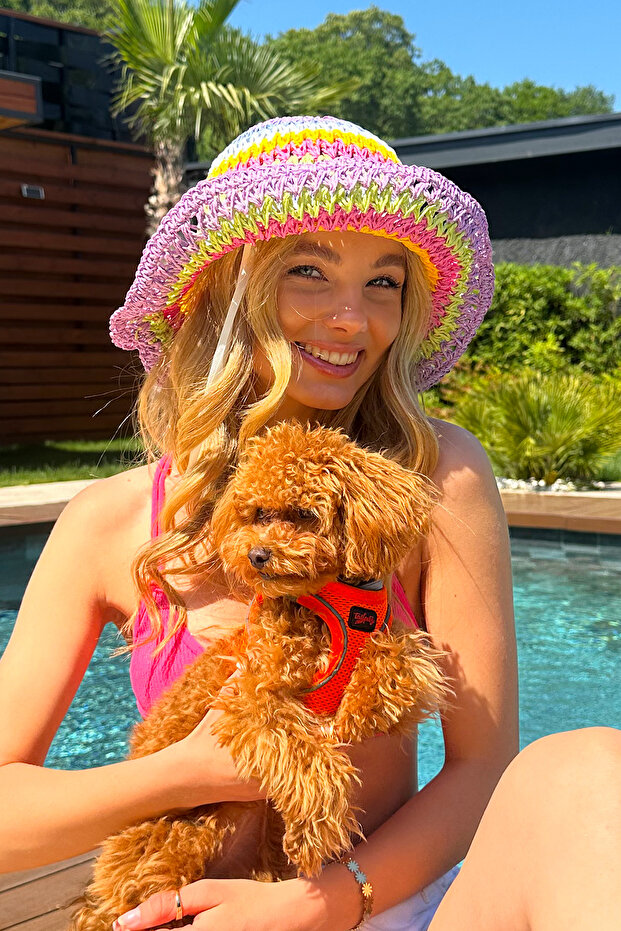 Damska czapka z liliowym plecionym słomianym blokiem kolorów ALC-X12337 - 4