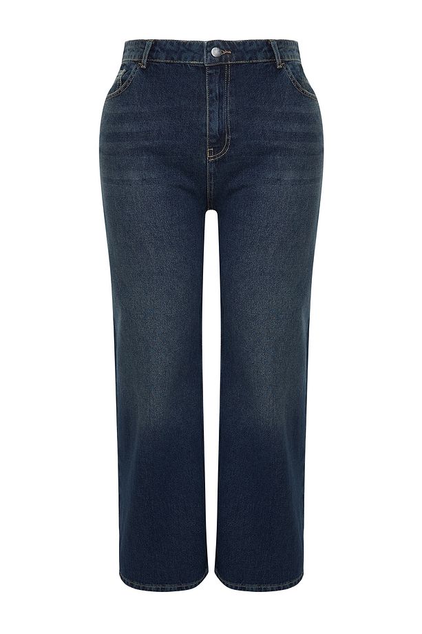 Koyu Mavi Yüksek Bel Soluk Efekt Vintage Yıkam Geniş Paça Büyük Beden Wide Leg Jeans TBBSS24CJ00050 - 7