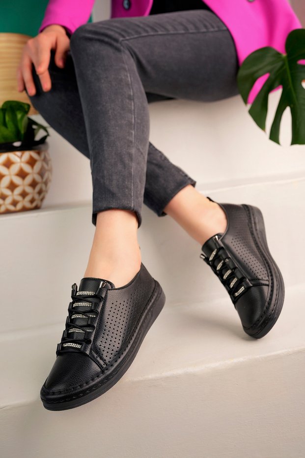 Woman's Black Perforated Lace-up Stone Sports Shoes