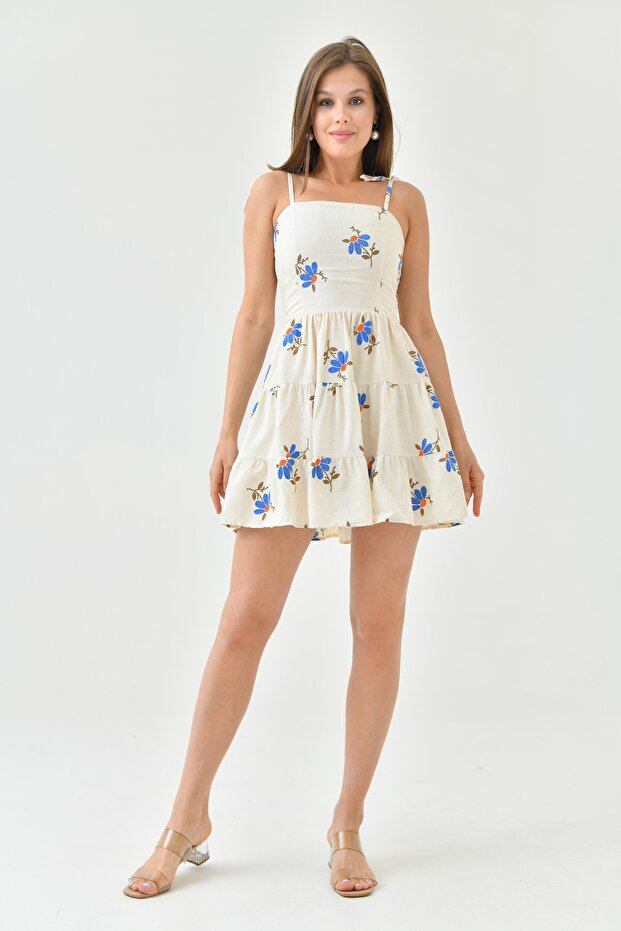 Women's Floral Print Linen Fabric Back Gipe Design Mini Evening Dress with Connectable Straps 166