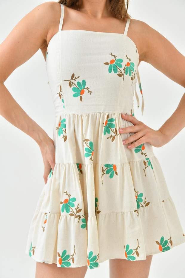Floral Print Linen Fabric Back Gipe Detail Mini Toothpick Dress with Connectable Straps 166