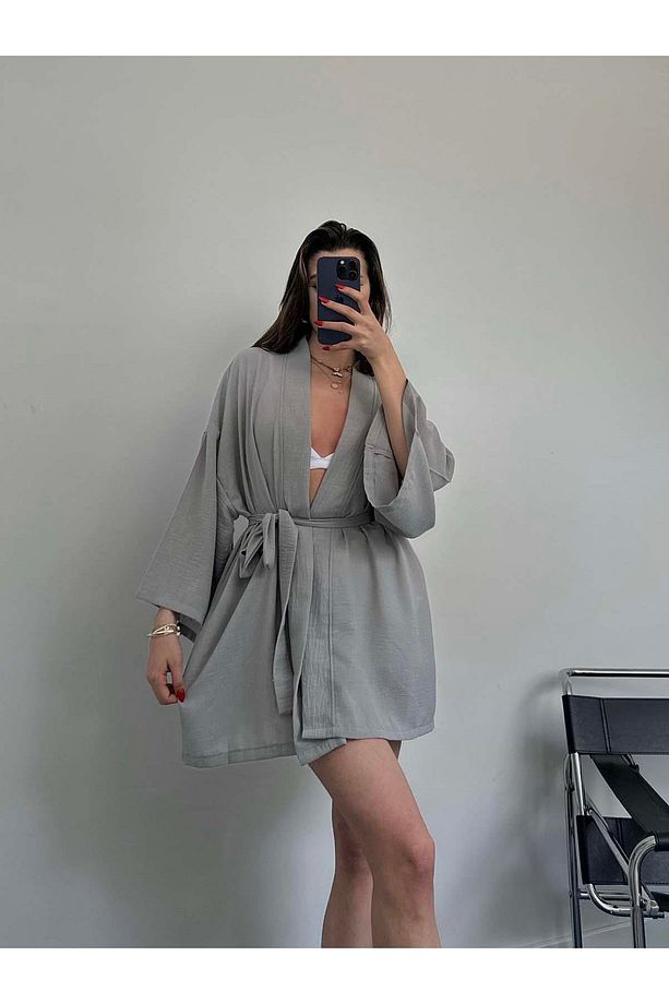 Zakras Gri Keten Kimono - 1
