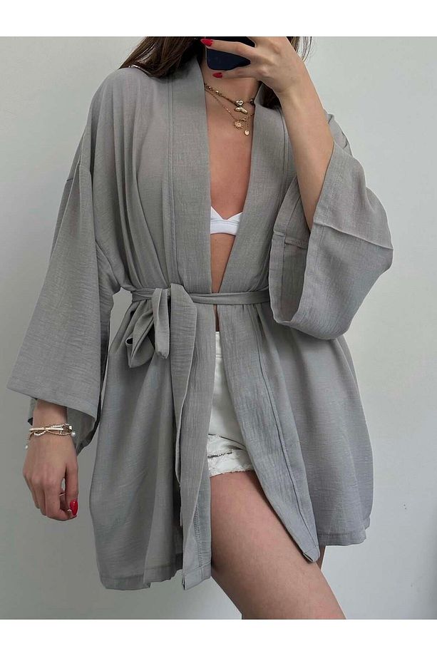 Zakras Gri Keten Kimono - 3