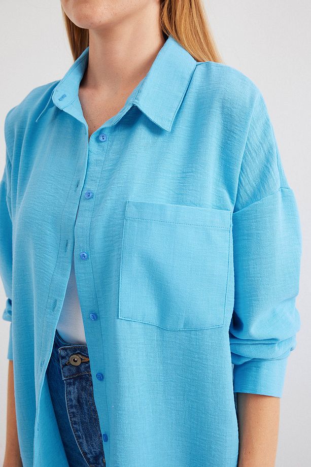 20153 Tek Cepli Oversize Keten Gömlek - Açık Mavi - 5