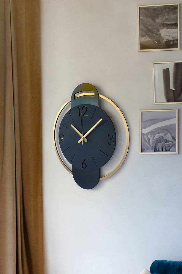 Modern Antrasit Gri Mat Altın Renkli Asimetrik Ahşap Dekoratif Duvar Saati 48cm - 4