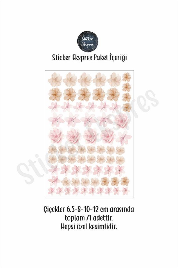 Soft Pembe Soft Kahverengi Tonlarda Çiçekler Dekoratif Çiçek Duvar Sticker Seti - 3
