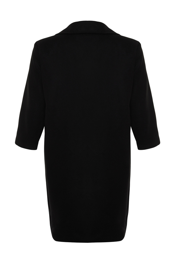 Siyah Oversize Fit Kruvaze Kapama Yün Karışımlı Kaşe Kaban TBBAW23KB00002 - 7