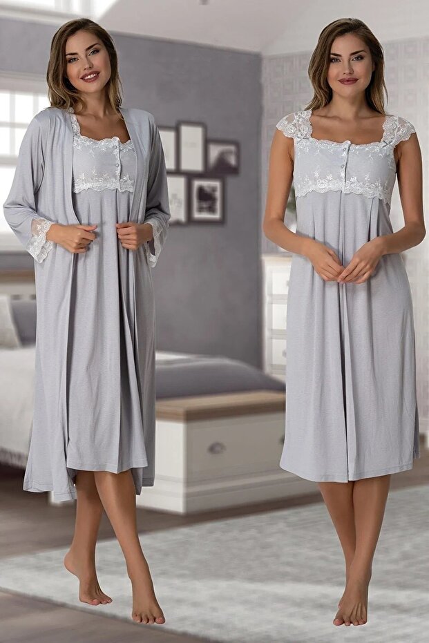 Grey Cotton Maternity and Postpartum Nightgown Set with Robe, 2-Piece Set