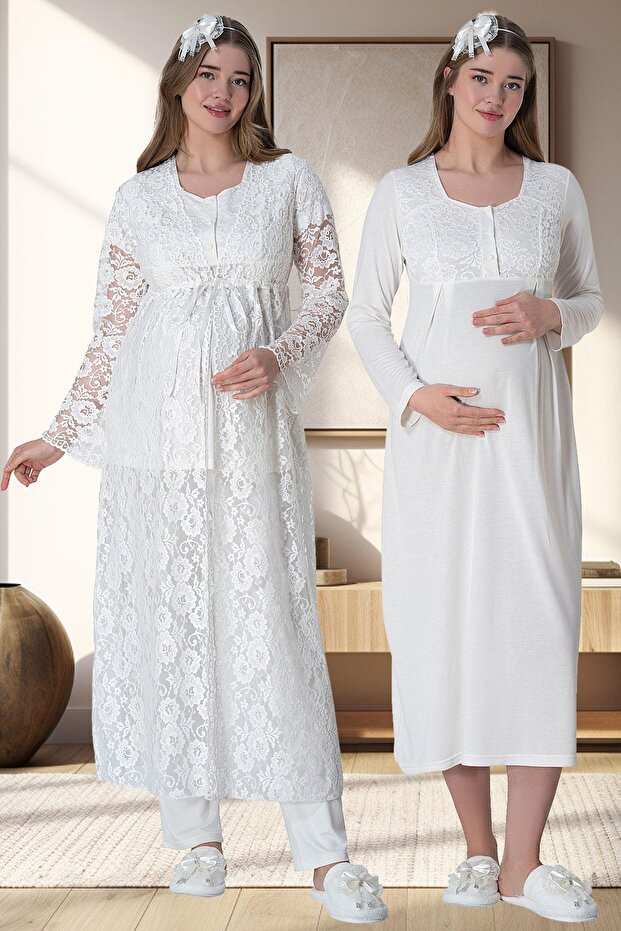 4-Piece Lace Dressing Gown Nightgown Pajamas Maternity Set 75% Cotton 25% Viscose (Boxed)