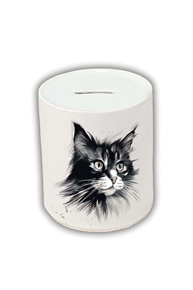 Black and White Cat Printed Piggy Bank - Ceramic Coin Saving Piggy Bank