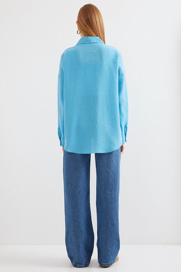 20153 Tek Cepli Oversize Keten Gömlek - Açık Mavi - 6