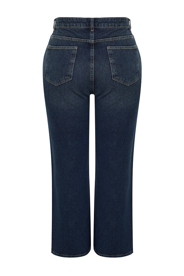 Koyu Mavi Yüksek Bel Soluk Efekt Vintage Yıkam Geniş Paça Büyük Beden Wide Leg Jeans TBBSS24CJ00050 - 8