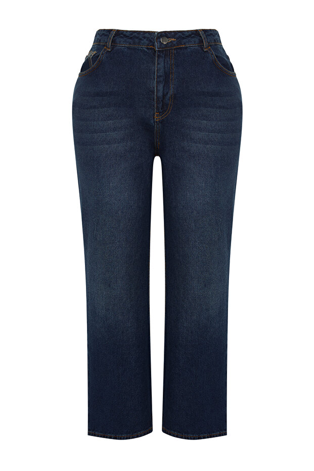 Koyu Mavi Yüksek Bel Comfort/Orta Esnek Straight Fit Denim Büyük Beden Jeans TBBSS24CJ00051 - 7