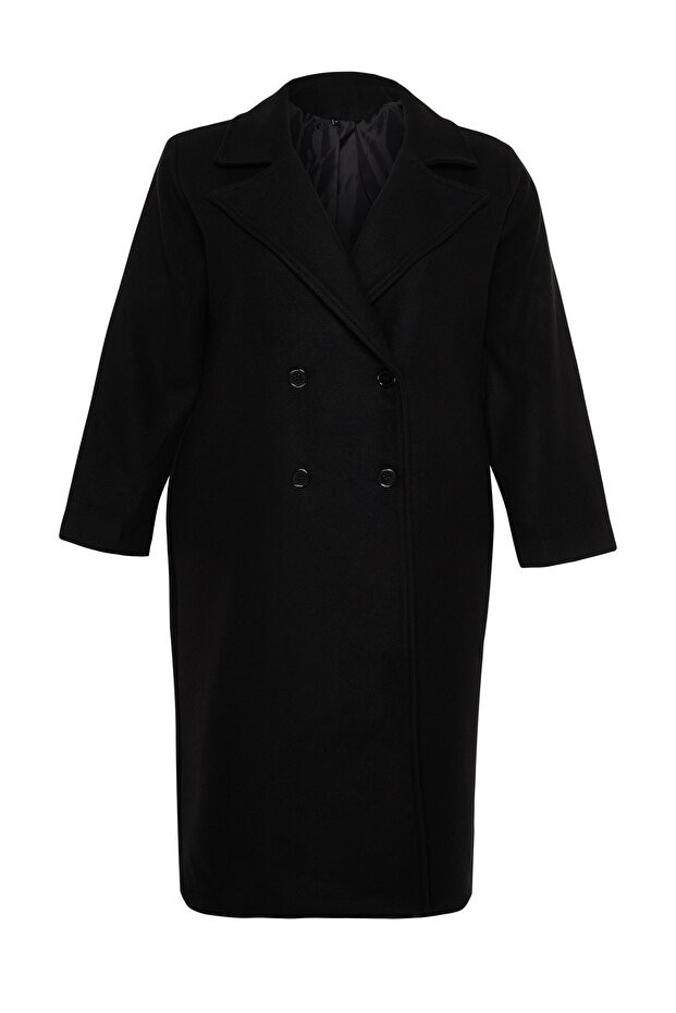 Siyah Oversize Fit Kruvaze Kapama Yün Karışımlı Kaşe Kaban TBBAW23KB00002 - 6