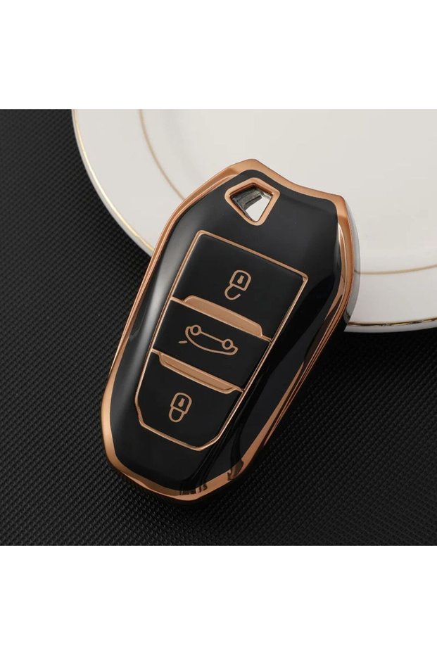 Peugeot Compatible 208, 308, 508, 2008, 3008, 5008 Gold Edge Tpu Key Case Cover (Black)
