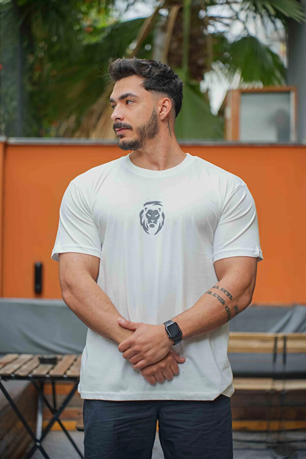 Aslan Baskılı Basic T-Shirt Beyaz
