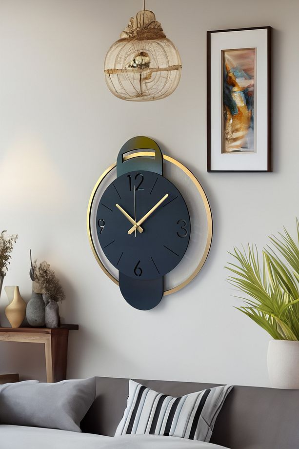Modern Antrasit Gri Mat Altın Renkli Asimetrik Ahşap Dekoratif Duvar Saati 48cm - 3