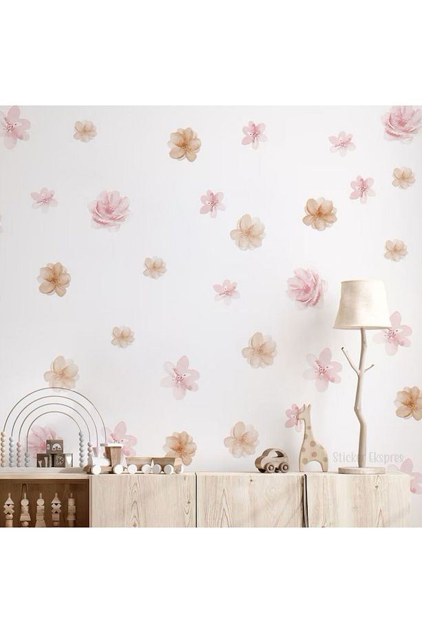 Soft Pembe Soft Kahverengi Tonlarda Çiçekler Dekoratif Çiçek Duvar Sticker Seti - 2