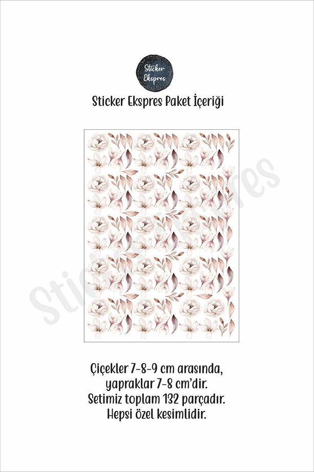 Krem Bej Çiçekler Ve Yapraklar Dekoratif Çiçek Duvar Sticker Seti - 4