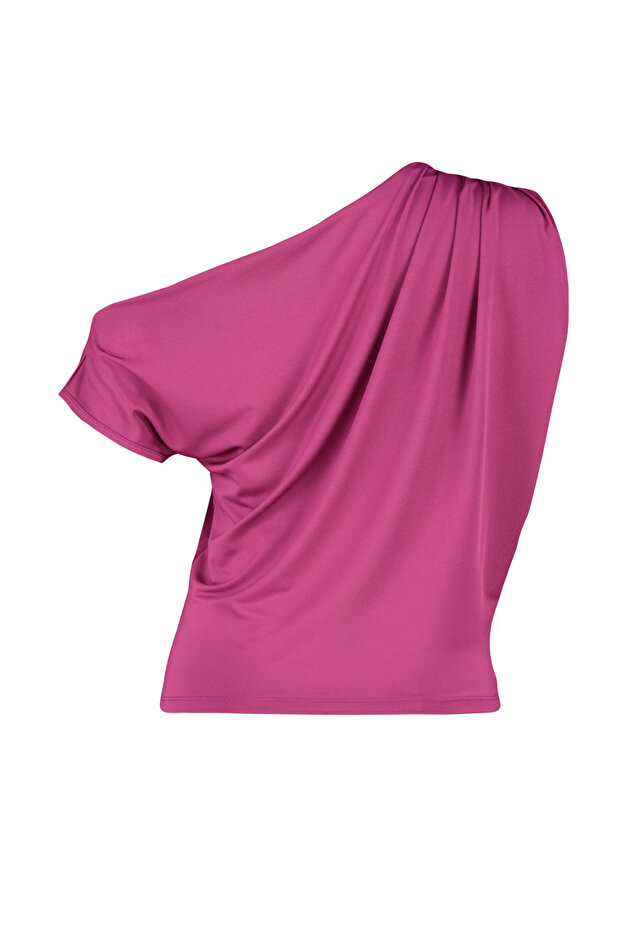 Fuşya Regular/Normal Kalıp Asimetrik Yaka Sıfır Kol Esnek Örme Bluz TWOSS24BZ00396 - 8