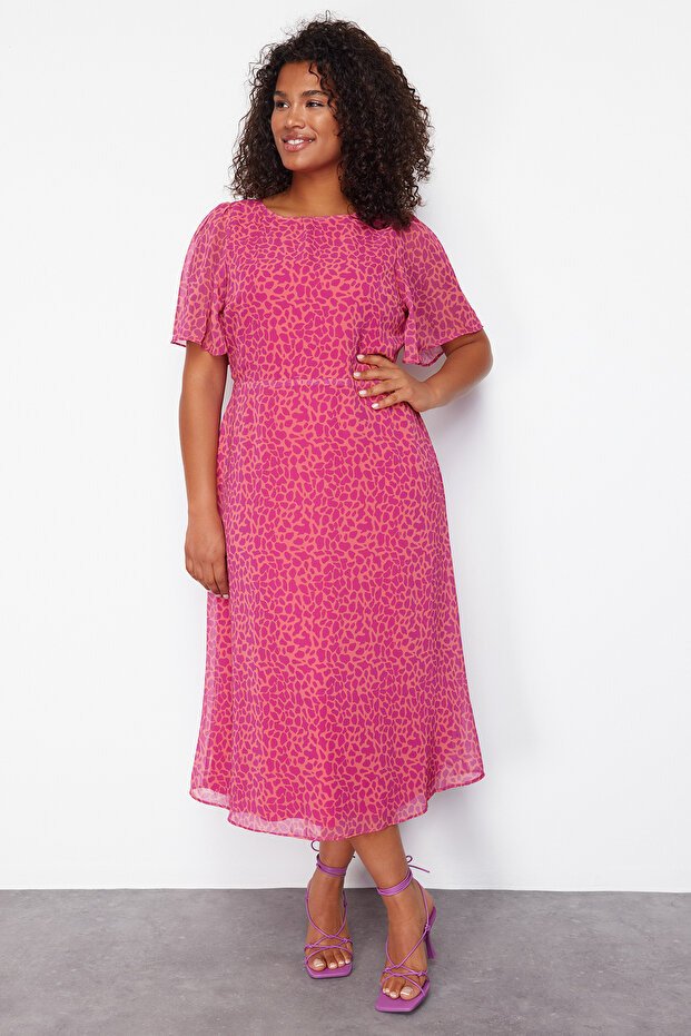 Fukszia állatmintás A-vonalú Midi szőtt ruha TBBSS23AH00274 - 2