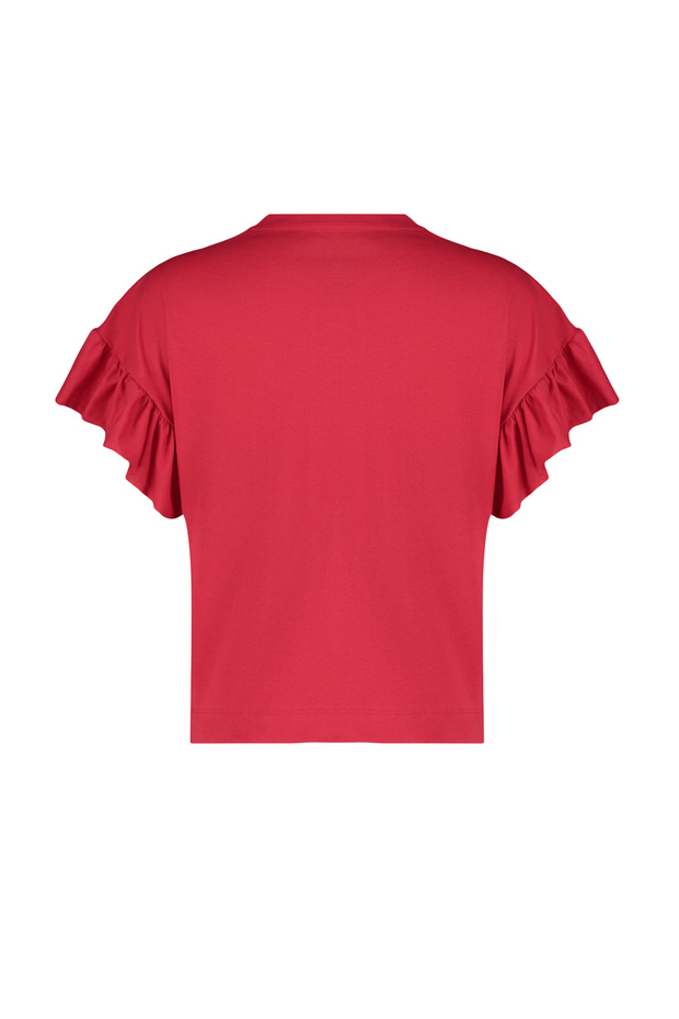 Kırmızı %100 Pamuk Fırfır Detaylı Basic Bisiklet Yaka Örme T-Shirt TWOSS22TS2429 - 8