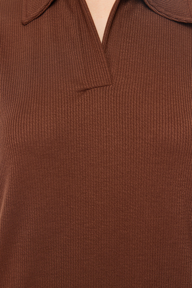 Kahverengi Polo Yaka Shift/Nromal Kesim Midi Örme Elbise TWOSS24EL01012 - 5