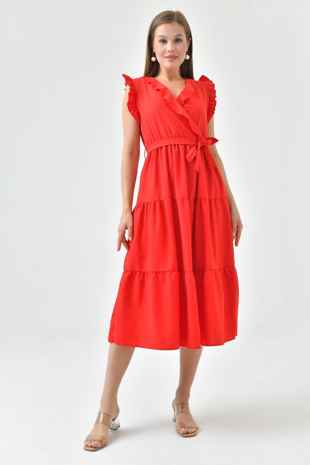 Women's Midi Length Red Dress with Elastic Waist Sleeve Ruffled Double Breasted Collar Belted 103