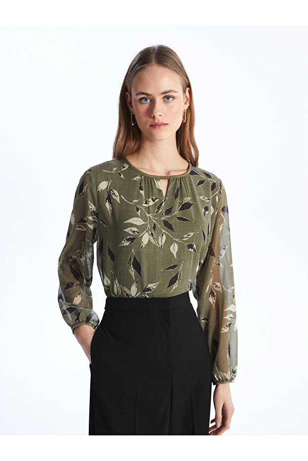 Crew Neck Patterned Long Sleeve Women's Blouse