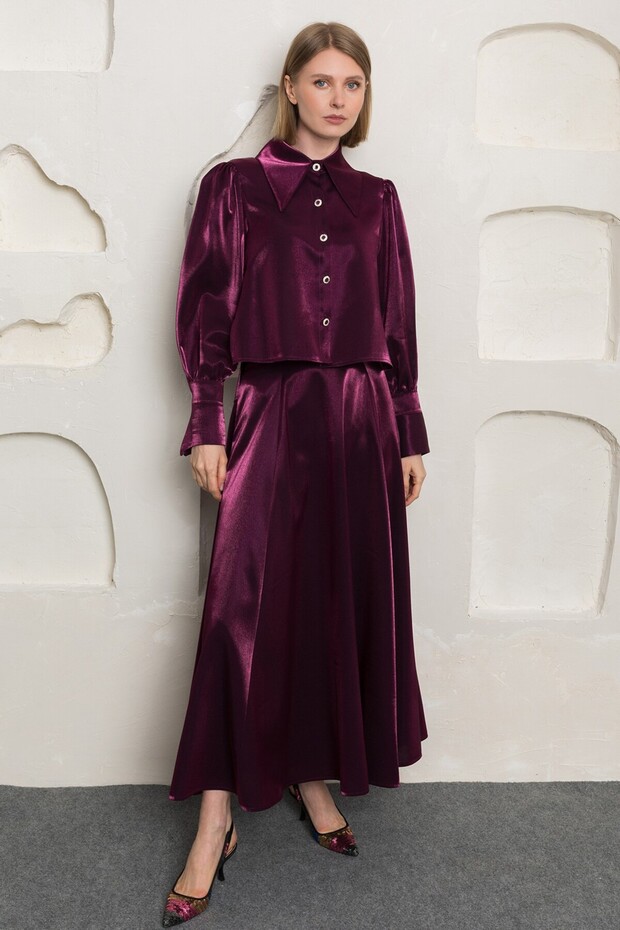 Satin Shirt and Skirt Set - Stone Buttoned, Plum