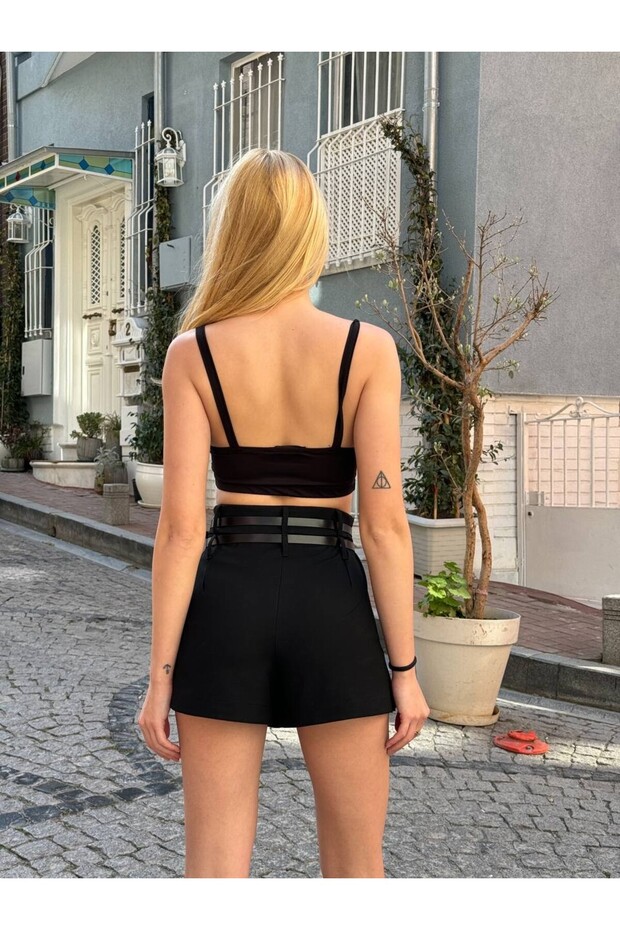 Çift Kemerli Pile Detaylı Mini Şort Etek - 4