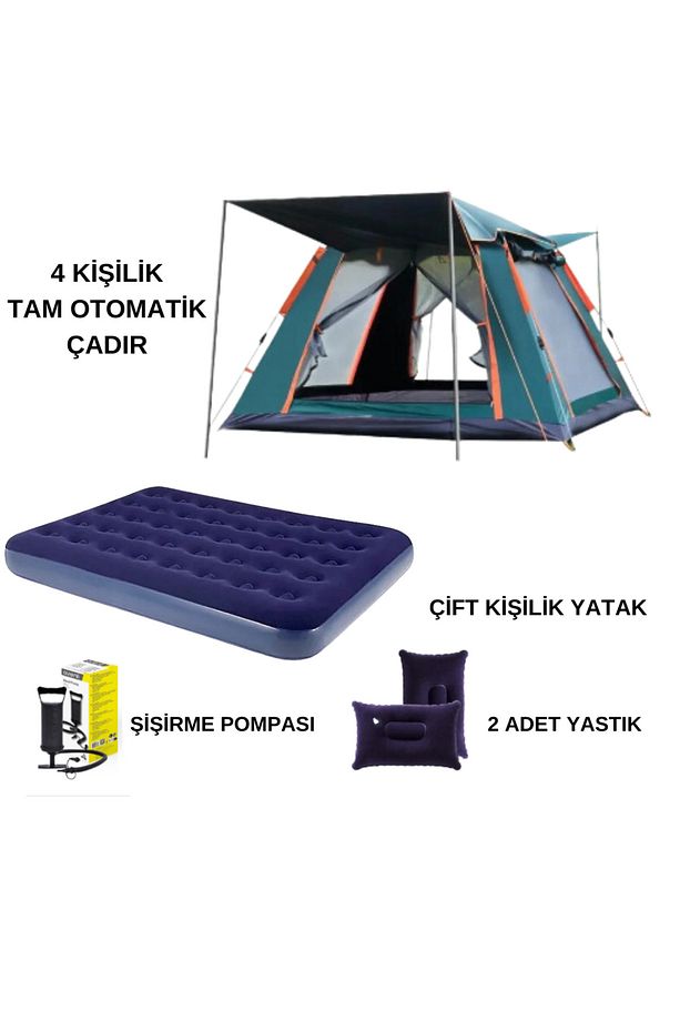 4 Kişilik Tam Otomatik Tenteli Kamp Çadırı+ Çift Kişilik Şişme Yatak Seti (Kamp Seti) - 1
