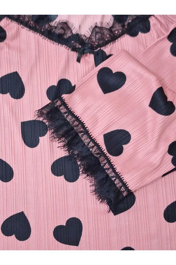 Kadın İp Askı Yaka ve Paça Güpürlü Pembe Kalpli Pegasus Kumaş Pijama Takımı - 3