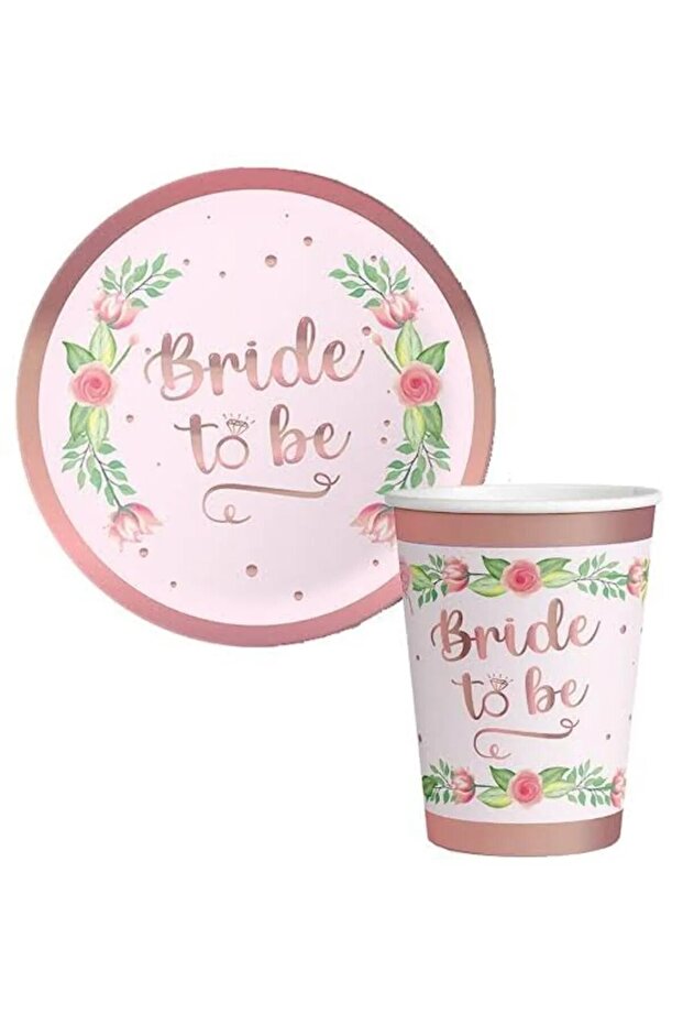 Rose Gold Floral Patterned 8-Piece Cardboard and Glass Set - Bride To Be