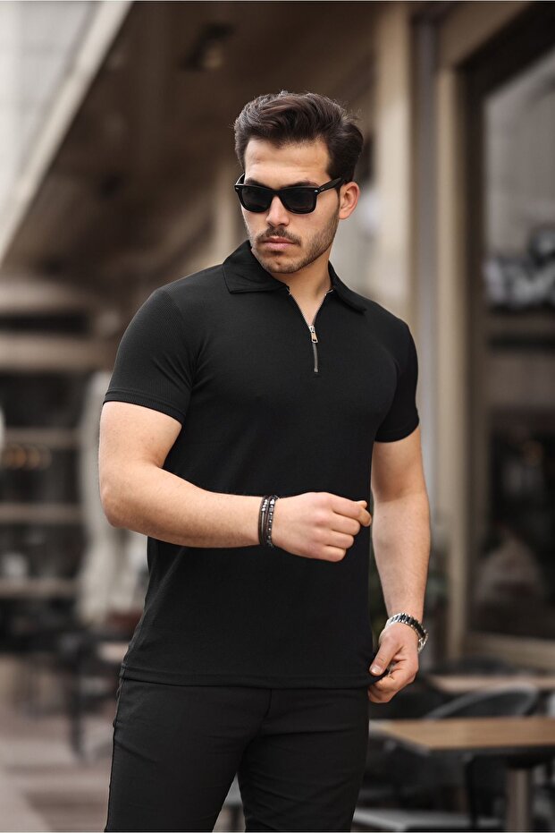 Ribbed Zippered Polo T-shirt Regular Mold with Lycra