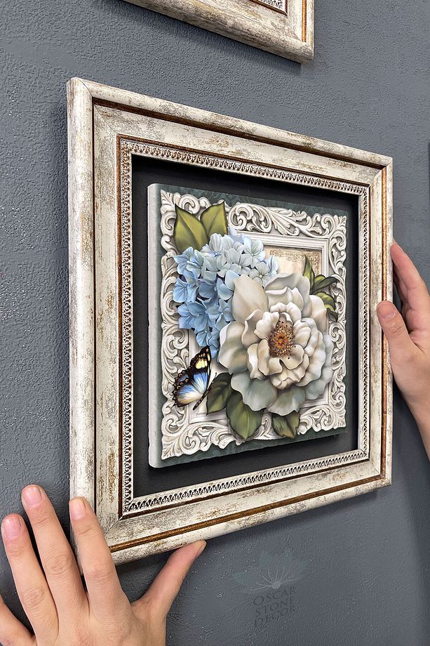 Çerçeveli Tablo Taş Duvar Dekoru 30 X 30 Cm Kelebek Ve Çiçekler - 3