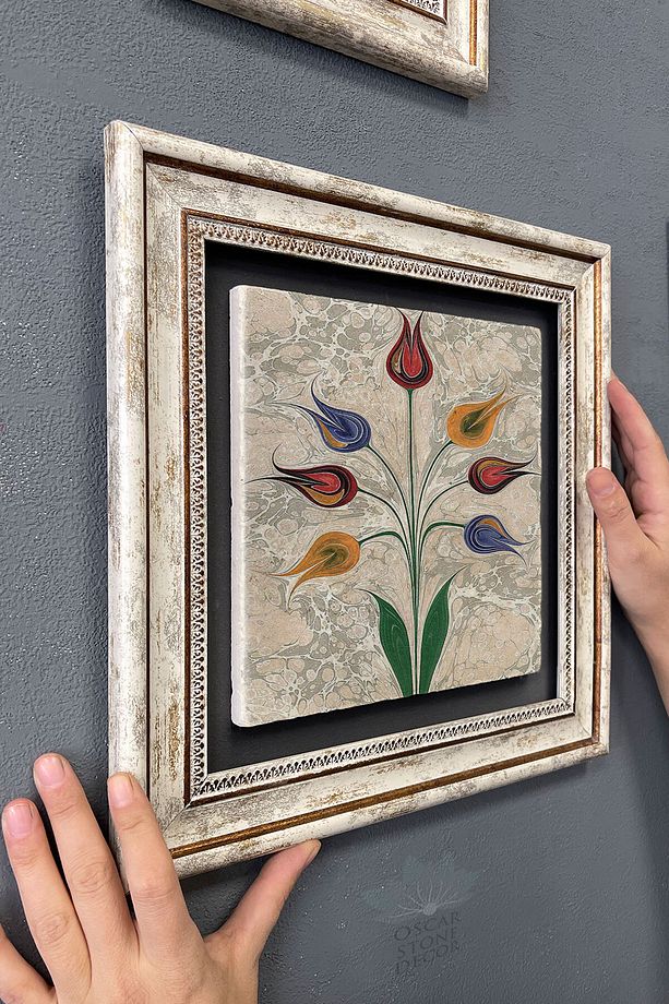 Çerçeveli Tablo Taş Duvar Dekoru 30 X 30 Cm Ebruli Renkli Çiçekler Mermer Tablo - 3