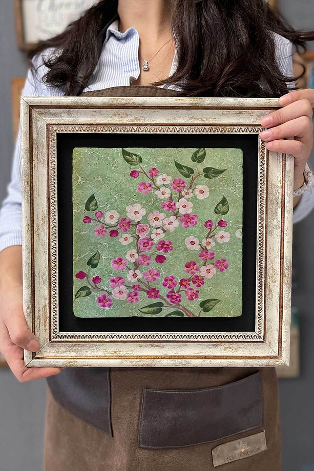 Çerçeveli Tablo Taş Duvar Dekoru 30 X 30 Cm Ebruli Çiçekler Tablosu - 1