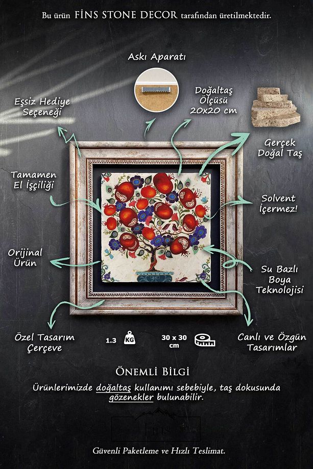 Çerçeveli Tablo Taş Duvar Dekoru 30 X 30 Cm Kelebek Ve Çiçekler - 6