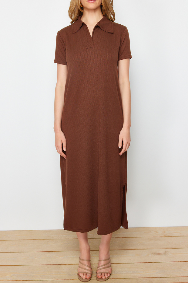 Kahverengi Polo Yaka Shift/Nromal Kesim Midi Örme Elbise TWOSS24EL01012 - 4