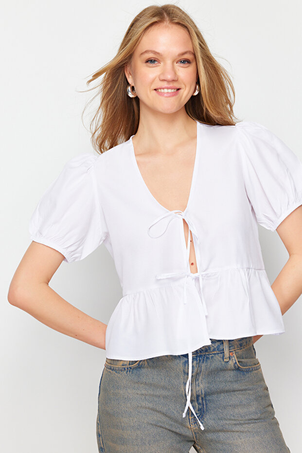 Ekru Önden Bağlama Detaylı Oversize Dokuma Gömlek TWOSS24GO00183 - 3